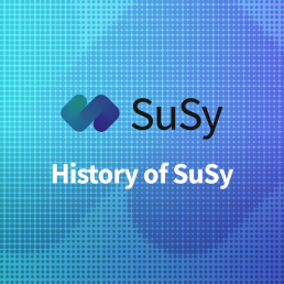 The MDPI SuSy logo, along with the words 'History of SuSy', on a blue background.