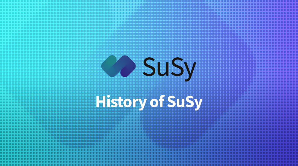 The MDPI SuSy logo, along with the words 'History of SuSy', on a blue background.