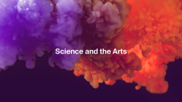 Two coloured smoke clouds becoming one, with texts that reads 'science and the arts'.