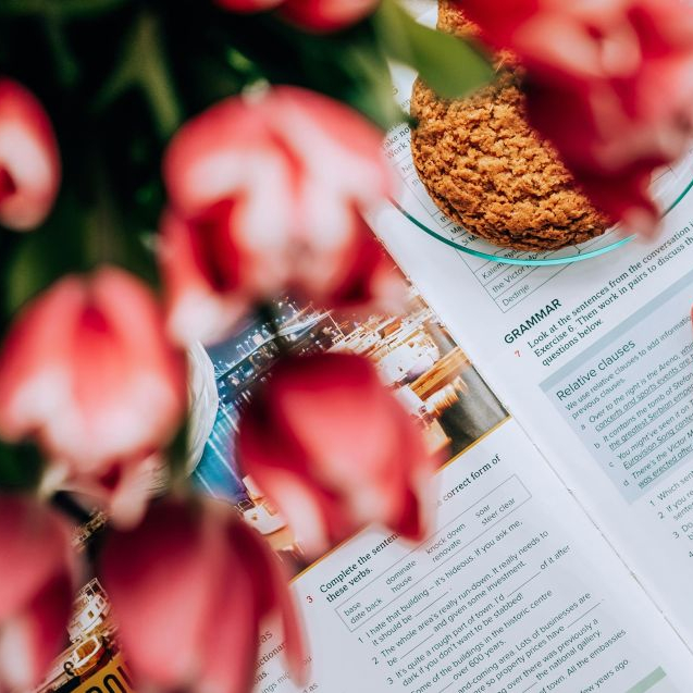 Beneath a bouquet of flowers, a paper showcasing grammar exercices and common grammar errors.